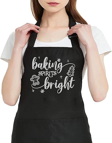 Baking Spirits - Delantales brillantes para mujer con 2 bolsillos de Navidad, impermeable, ajustable, babero, cocina, barbacoa, delantal