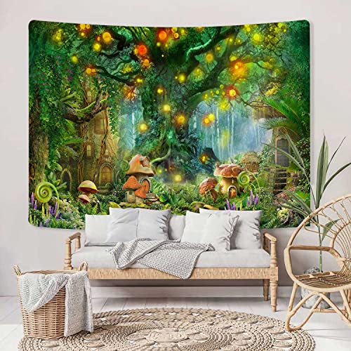 Fantasy Forest Tapestry, Fairy Tale Enchanted Mushroom Magical Wall Art Tapestries, Trippy Wonderland Tree House Tapestries Wall Hanging Art For Kids Girl Bedroom Living Room Dorm Decor 60X40In #TOP3