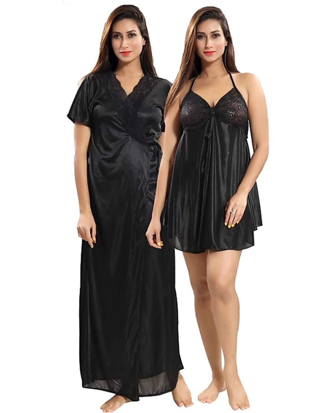 Women's 2-Piece Satin Nightwear Set, Short Nighty and Long Gown with Lace Trim-picture-35