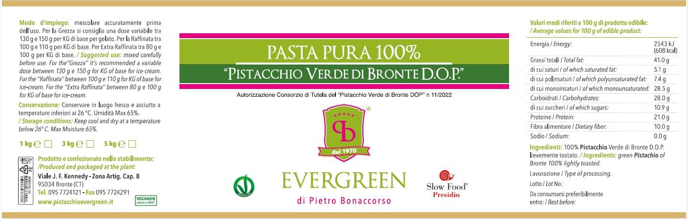 EVERGREEN- Pasta 100% Pistacchio DOP di Bronte & SlowFood Qualità certificata e garantita latta da 1KG