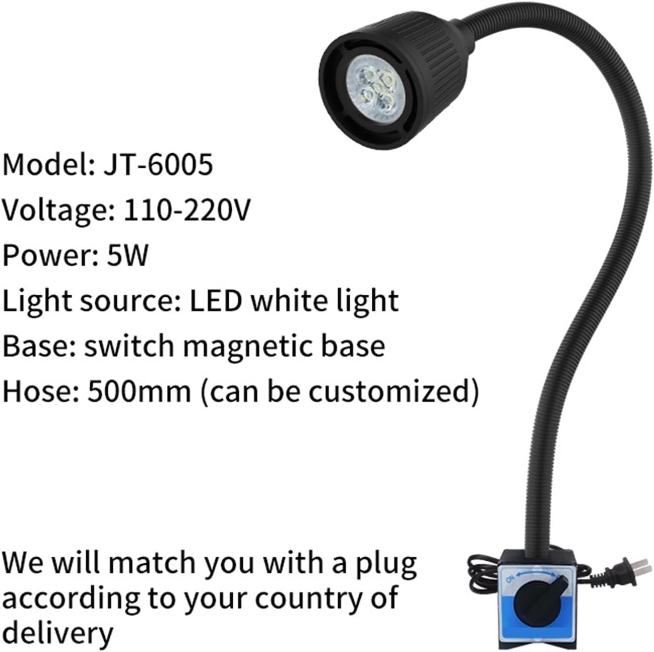 1pcs LED Workshop Working Lamp 5W 110-220V 40CM Gooseneck LED Industrial Work Lamp for Workbench Lathe Drill Press Garage Lights(5W LED Switch magne)