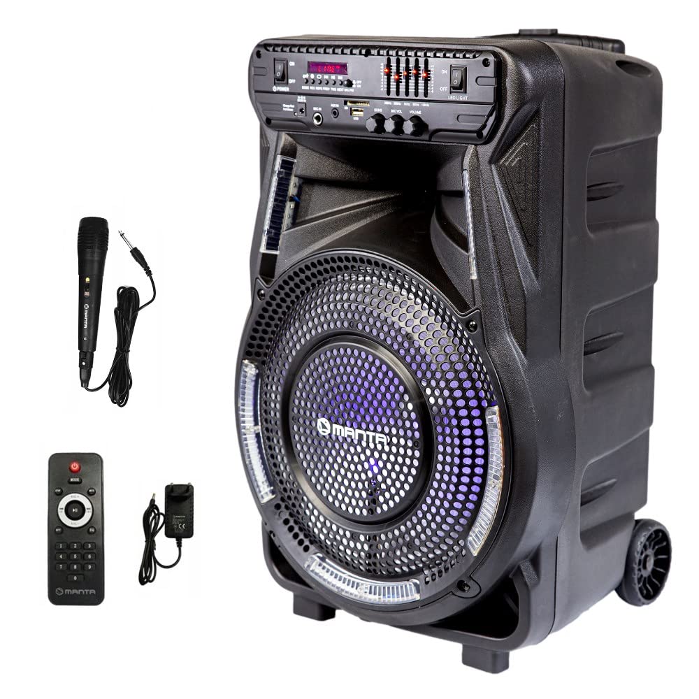 MANTA Altavoz Bluetooth Karaoke SPK5033 - Amplificador Digital, Efectos de luz LED RGB Discoteca, Bluetooth 5.0, Ecualizador, TWS, grabación, Radio FM, Karaoke - 36 x 29.2 x 54.2