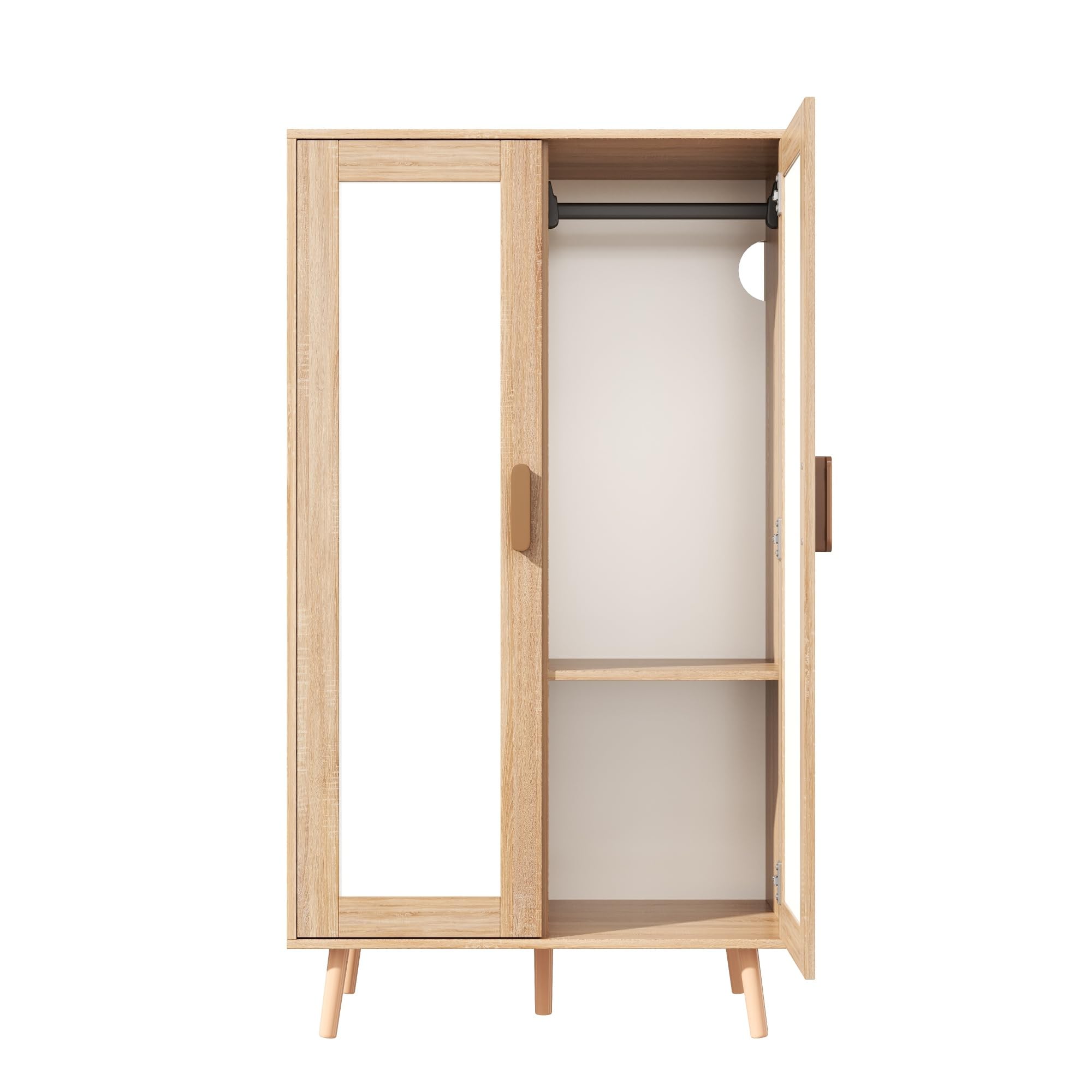Armario infantil, juego con armario de dos puertas y abierto, para dormitorio, con barra para colgar y cajones, en color blanco y madera, 160 x 46 x 141,5 cm, Natural+Blanco