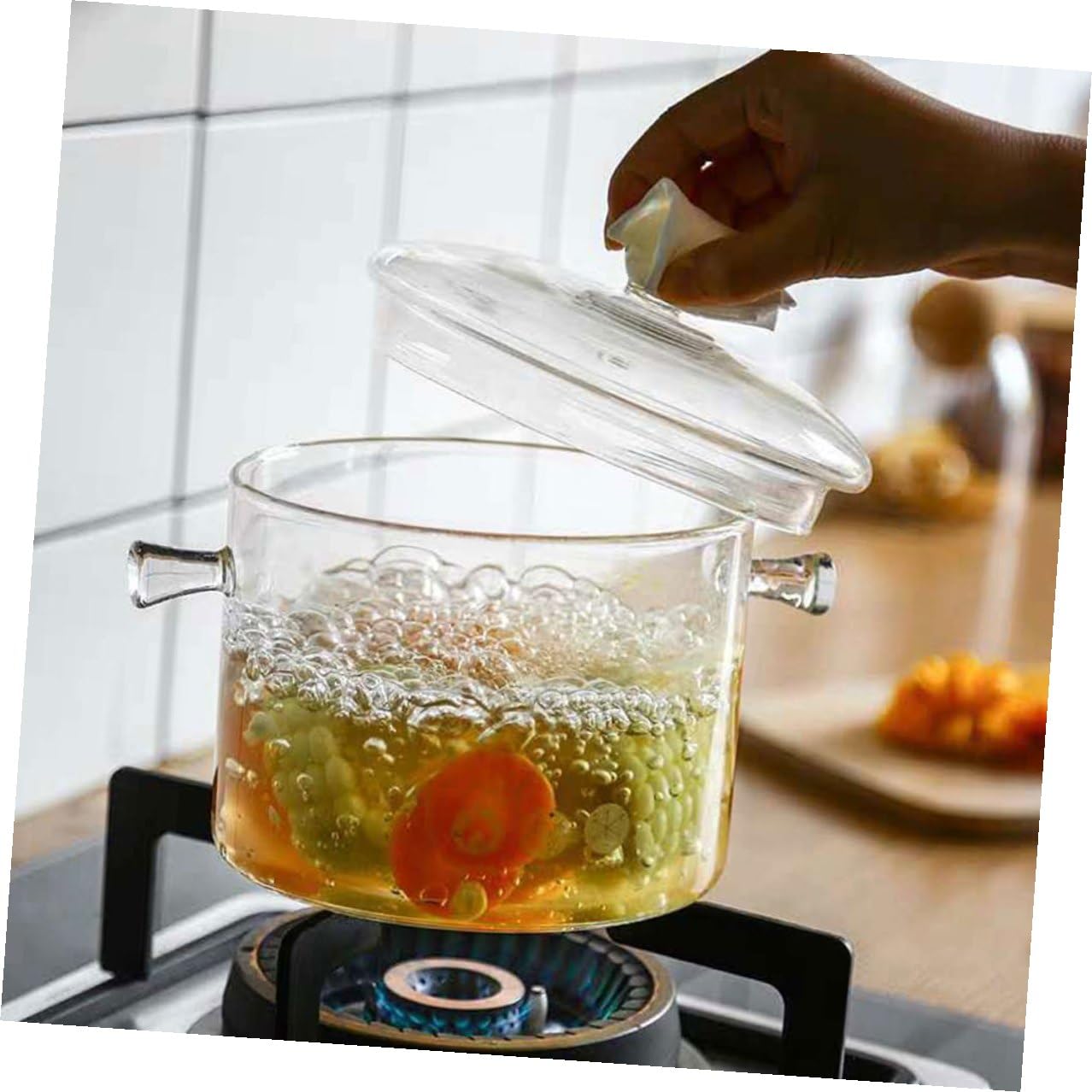 VILLCASE Hitzebeständiger Glas kochtopf mit Deckel und Doppelgriff Transparenter Suppentopf aus Stabilem Glasgeschirr für Vielseitiges Kochen und Einfache Reinigung Mikrowellengeeignet