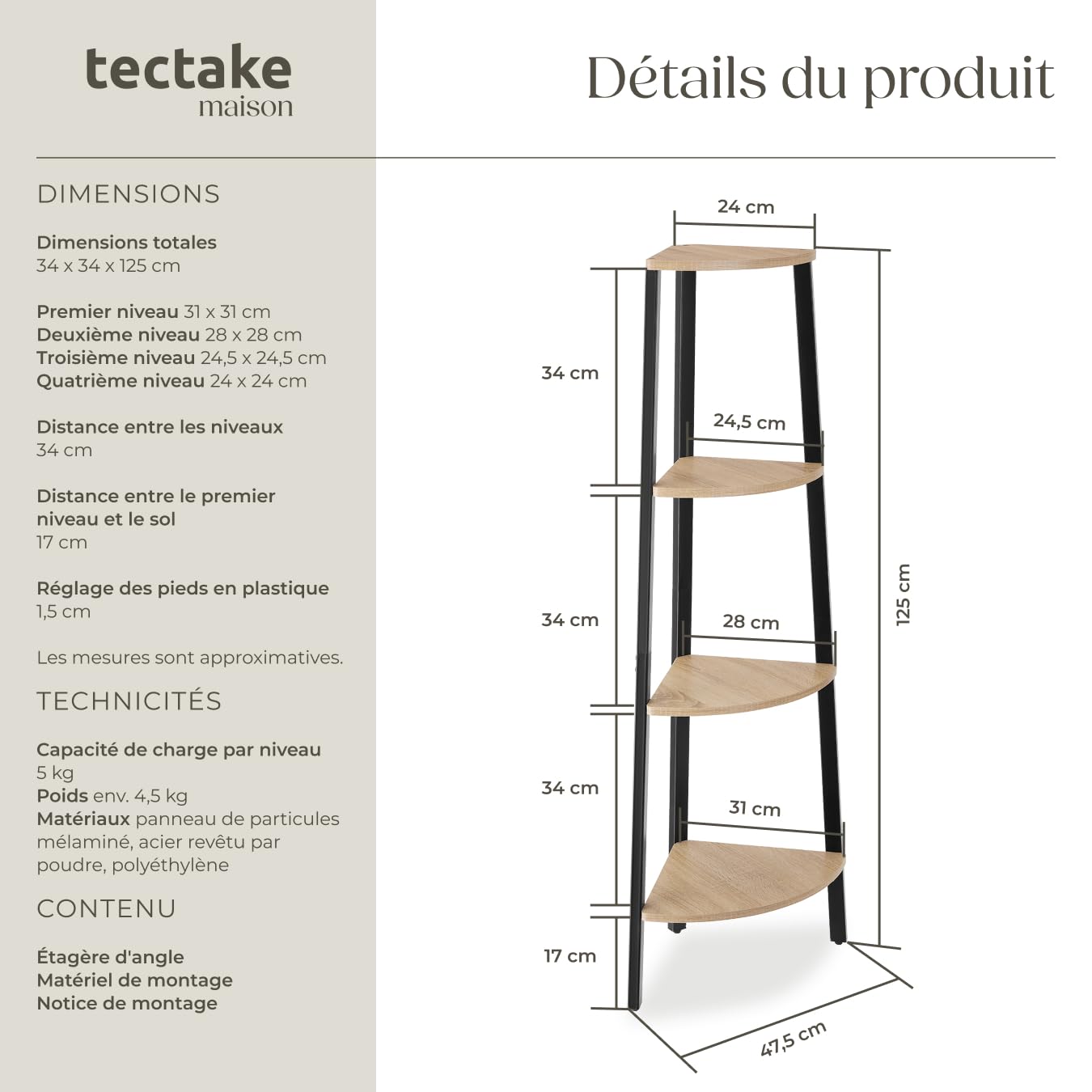 tectake® Étagère d'angle 34 x 34 x 125 cm, Bibliothèque, 4 Niveaux décalés, Style Industriel, Etagere Bois, Rangement Bureau Bibliotheque, Meuble Salon, Etagere Rangement Chambre, Bureau, Bois Clair