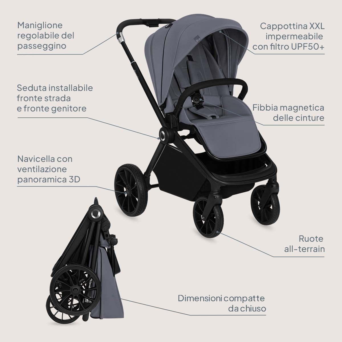 Lionelo Mika Plus All-Terrain - Passeggino leggero per bambini da 6 a 48 mesi fino a 22 kg, sedile reversibile, impermeabile, baldacchino UPF50+, sospensione anteriore e posteriore, grande cestino per