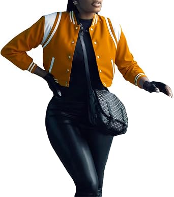 Womens Bomber Varsity Jacket Casual Long Sleeve Letterman Shacket Button Down Cropped Baseball Outerwear