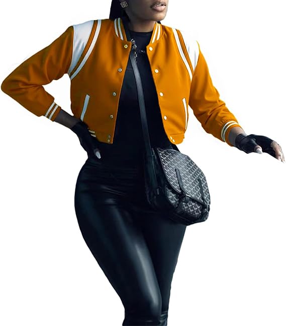 Womens Bomber Varsity Jacket Casual Long Sleeve Letterman Shacket Button Down Cropped Baseball Outerwear