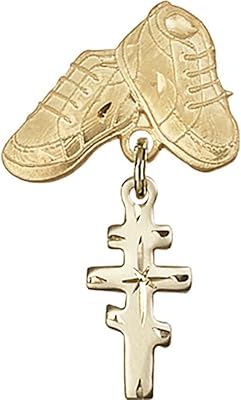 Gold Filled Baby Badge with Greek Orthadox Cross Charm and Baby Boots Pin 1 1/8 X 5/8 inches