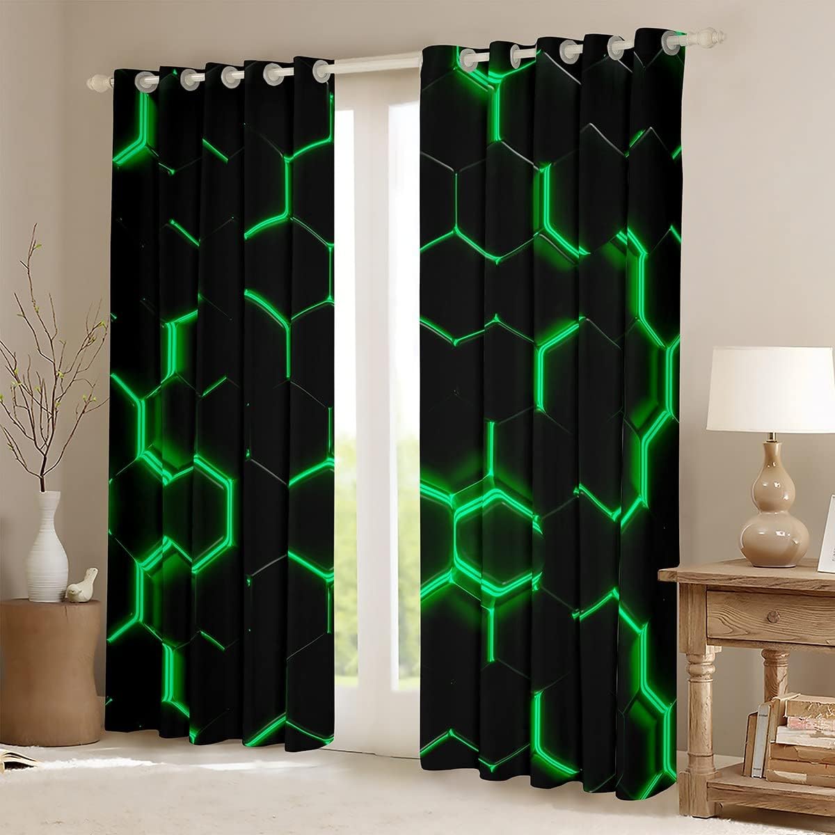Honeycomb Window Curtains,Geometric Hexagon Theme with Green Neon Lights Curtains,Boys Teen Man Chic Home,Black 42W X 84L,2 Panels