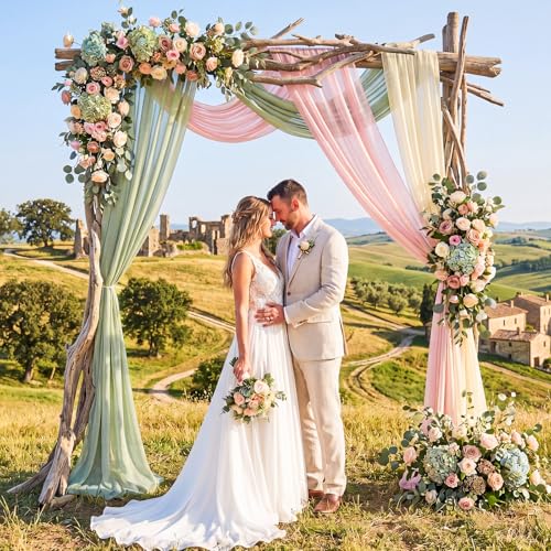 Image of Pink Sage Green Party Decoration Draping Fabric 3 Panels 2.46 x 20ft Sheer Chiffon Backdrop in Pink, Green, and Champagne for Wedding Arch Ceremony, Birthday, Bridal Shower Party Decoration