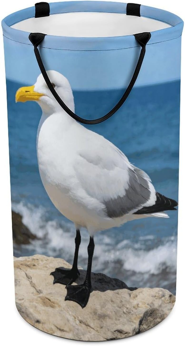 Seagull Laundry Hamper with Handles Waterproof Collapsible Laundry Basket Large Lightweight Round Dirty Clothes Hamper for Home Dorm Bathroom Decor