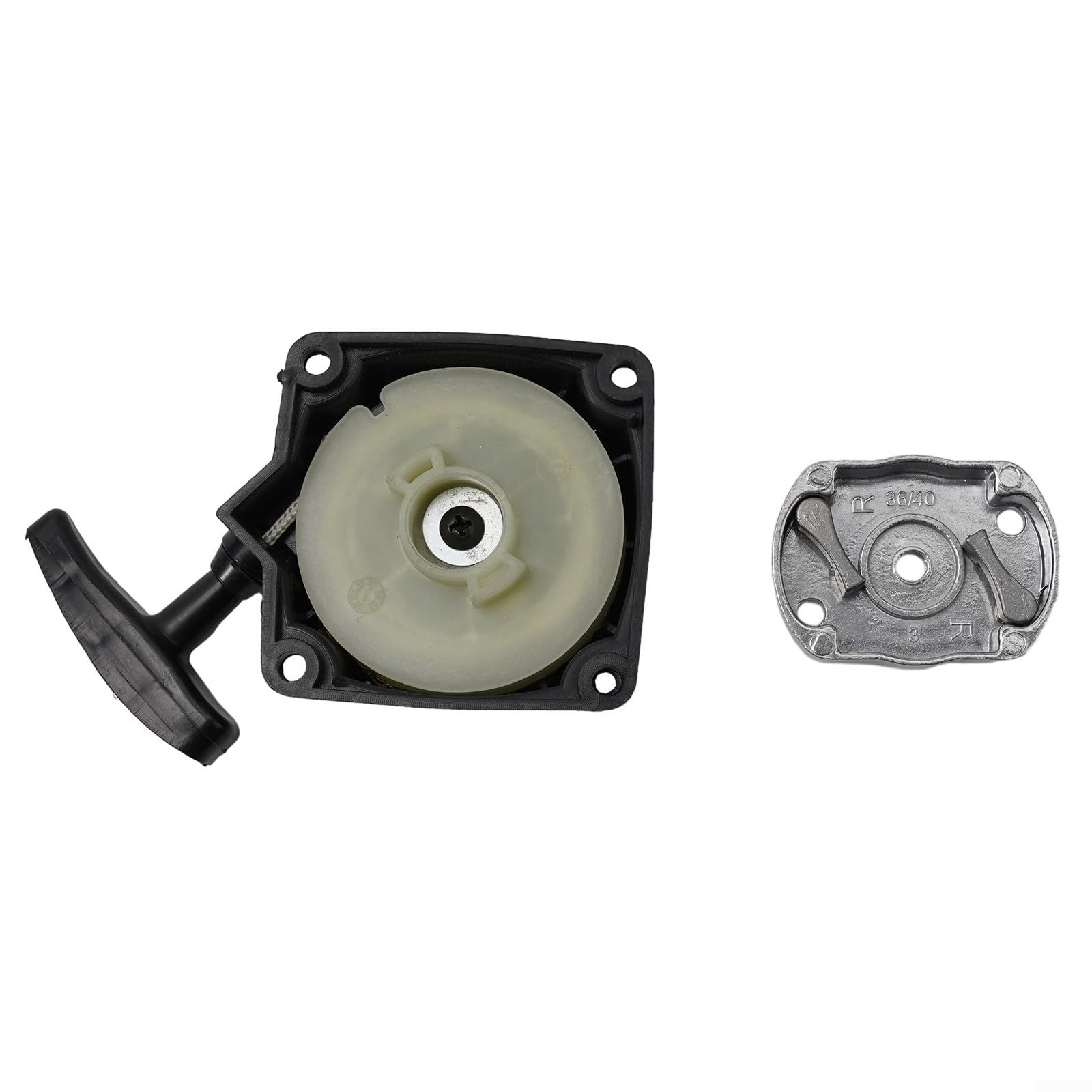 Recoil Pull Start Starter Assembly for Strimmers Lawnmowers Brush Cutters, Replacement Part, 67mm Fixing Hole Distance, 85cm Rope Length, Black & Silver