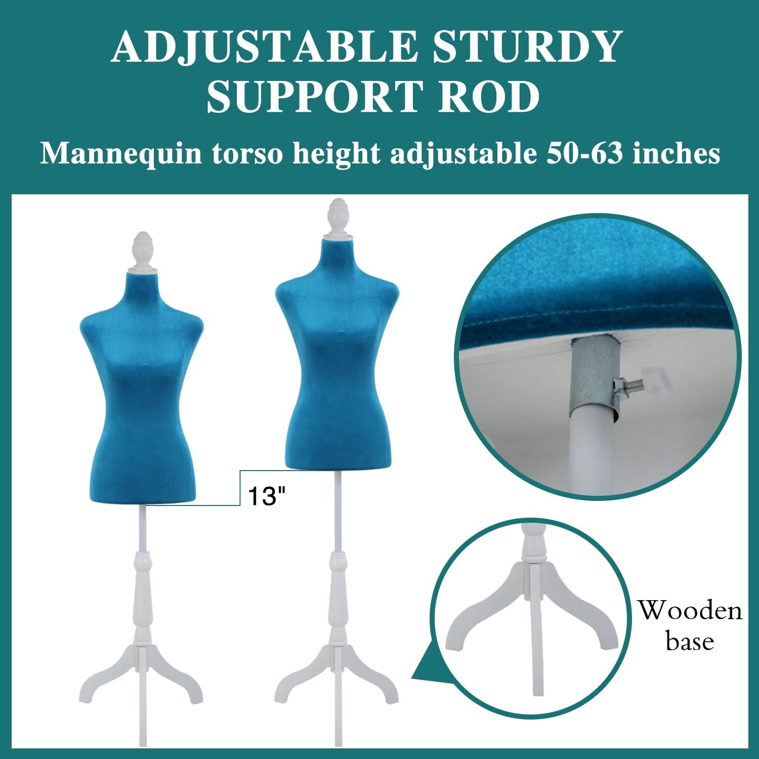 Wooden Tripod Base Female Mannequin Torso Dress Form 50"-63" Height Adjustable for Sewing, Foam Body (Blue)