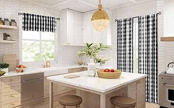 Treatmentex Buffalo Check Curtains and Kitchen Valance Curtain, Black