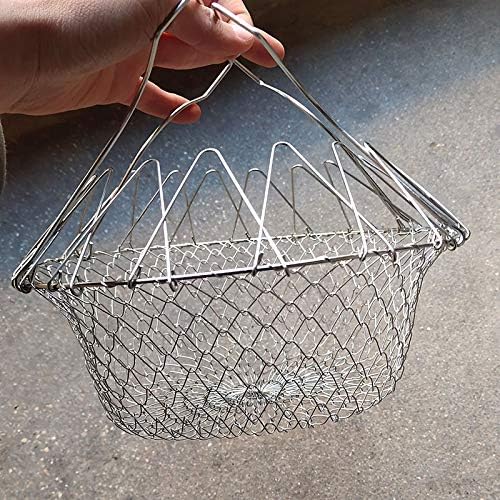 Foldable Deep Fry Basket, Steam Rinse Strain Fry Basket, Multi-Function Stainless Steel Chef Cooking Basket Flexible Kitchen Fruit Vegetable Rinsing Tool