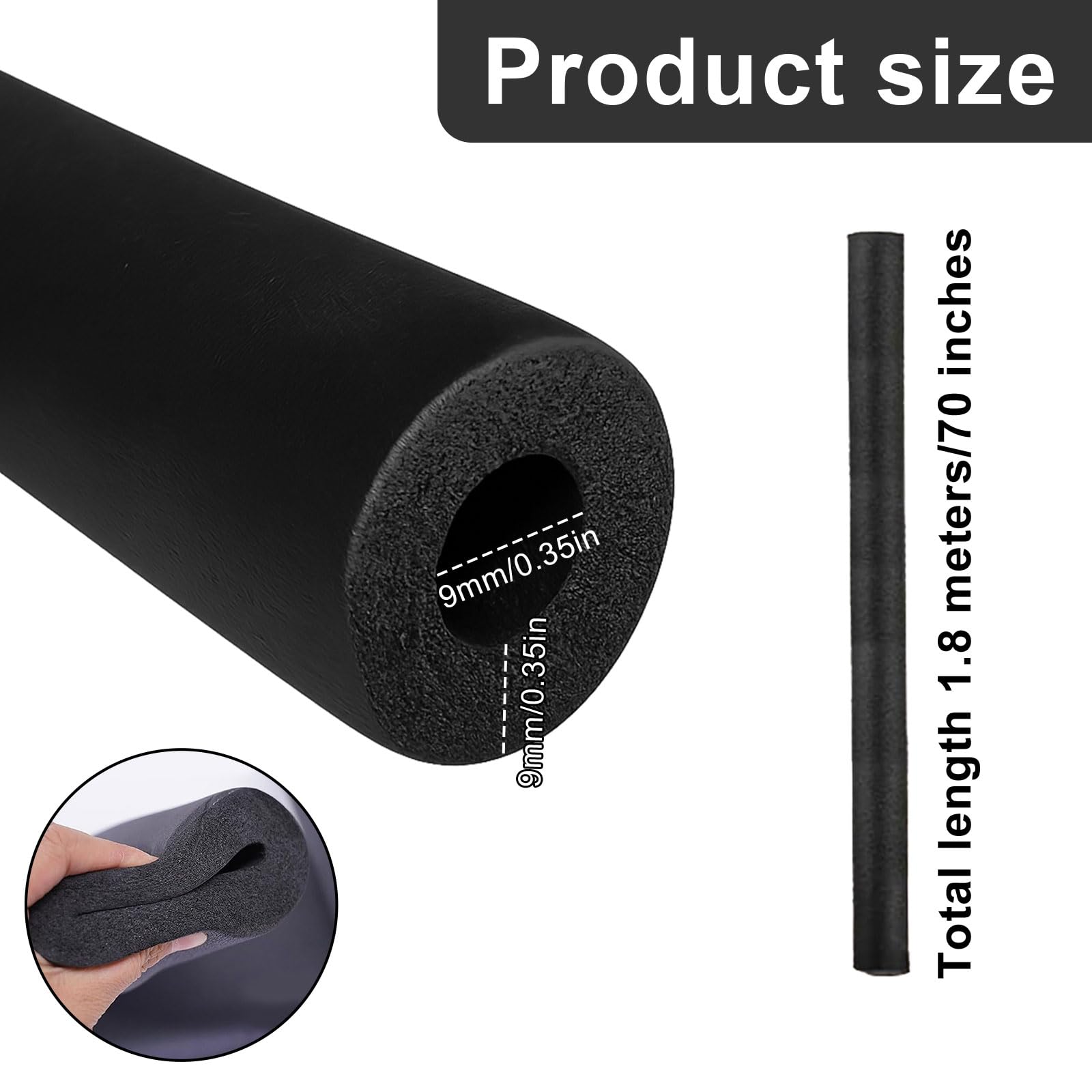 Tubo isolante in gommapiuma, diametro 9 mm, isolamento dei tubi, colore nero, per isolamento dei tubi, riscaldamento sanitario, tubo di rame 1,8 m