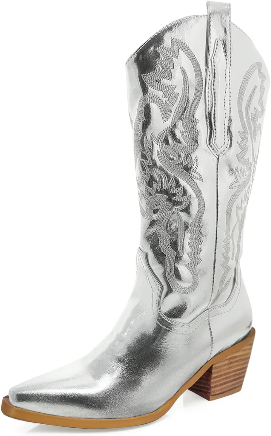 Cowboy Boots for Women Cowgirl Boots Metallic Wide Calf Western Boot Pointed Toe Block Chunky Heel Stitching Pull on