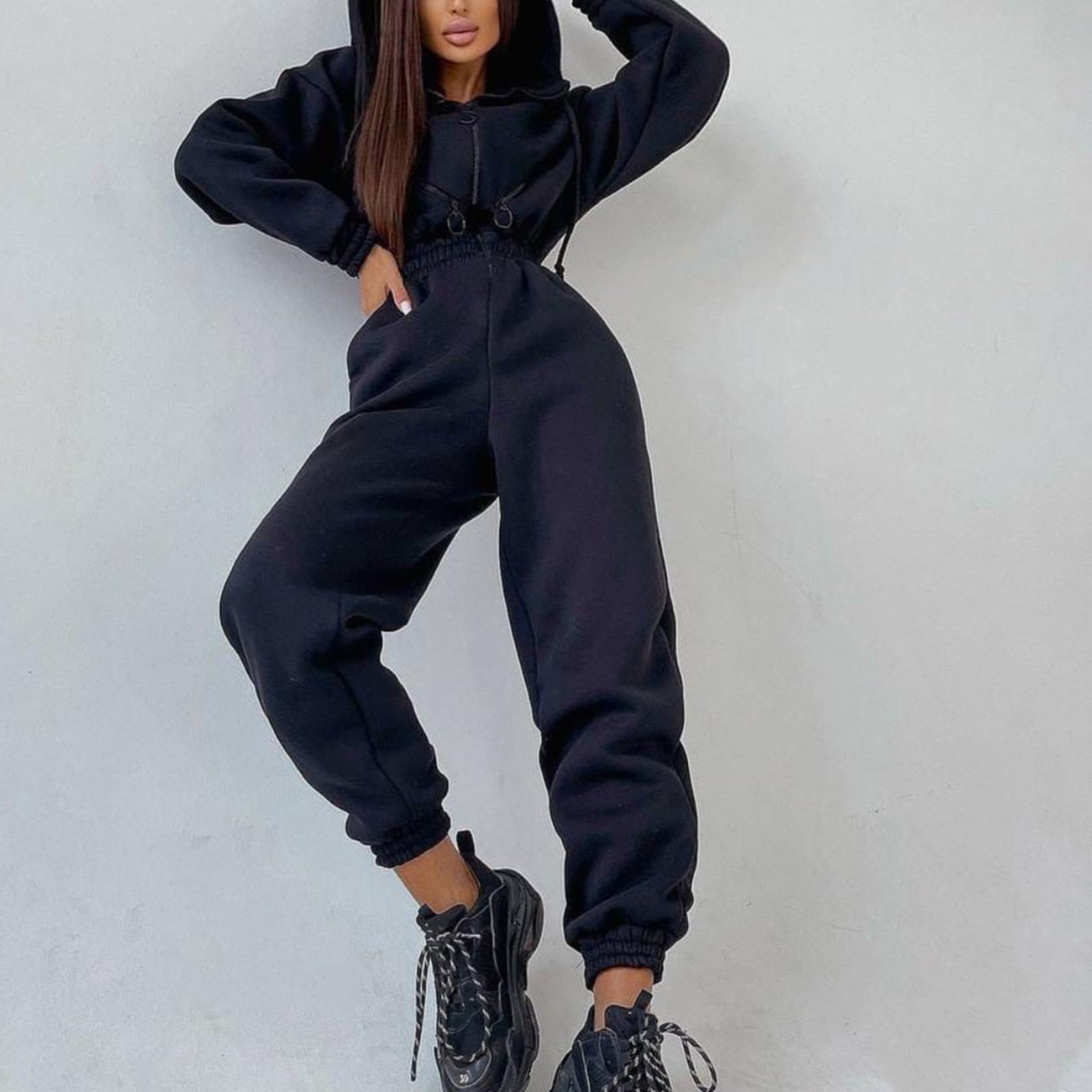 Combinaison à Capuche à Manches Longues avec Poches, Barboteuse à Taille élastique, Pulls Une pièce, survêtement décontracté, vêtements de Sport, Tenue Une pièce, Barboteuse avec Poches