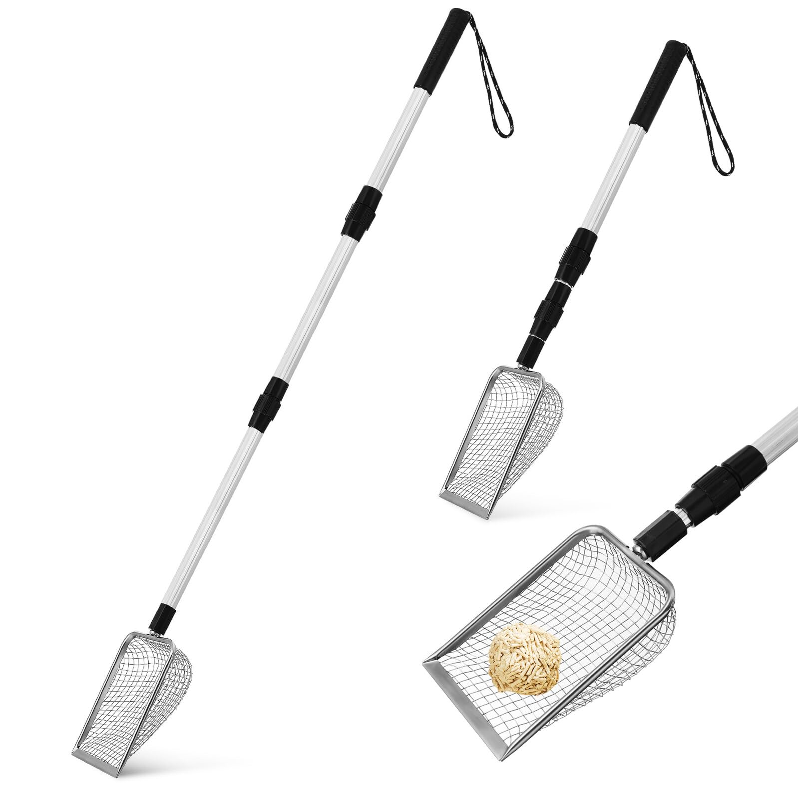 Homoyoyo 2 Stück Katzenstreuschaufel Metall mit Teleskopgriff Feinmaschiges Sieb 5X5mm Langlebig Ergonomisch Hängbar Streuschaufel Katzenklo Zubehör