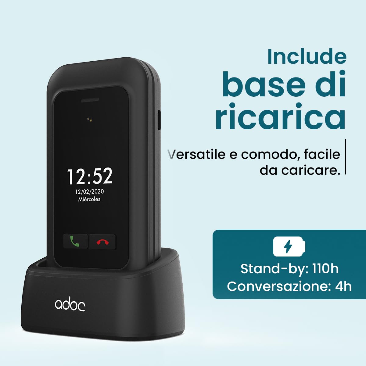 ADOC SC01 - Telefono cellulare 4G con coperchio per anziani, 2 schermi, Bluetooth, Wi-Fi, torcia e radio tasti e icone grandi, pulsante SOS, facile da usare, 3 memorie dirette. Compatibile con