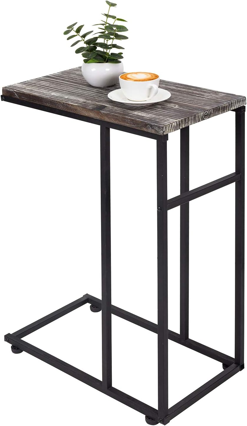 MyGift Rustic Torched Wood Under Couch Side Table with Black Metal Leg