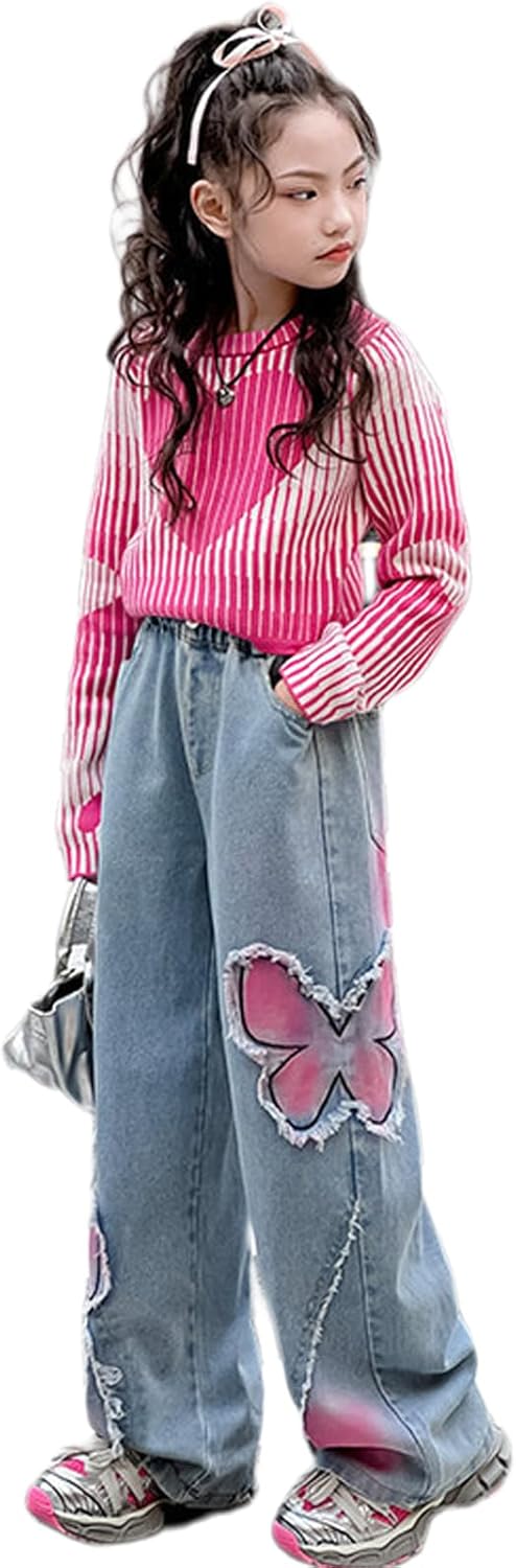 5-14 yrs Kids Girls Jeans Distressed Elastic Waist Baggy Denim Wide Leg Pants Trousers - Image 3