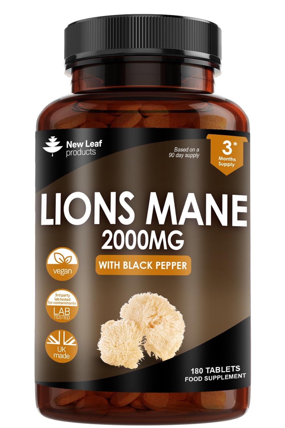 New Leaf Products Lions Mane Mushroom Extract Supplement 2000mg - 180 High Strength Vegan Tablets with Black Pepper - (Not Powder or Capsules) Made in The UK
