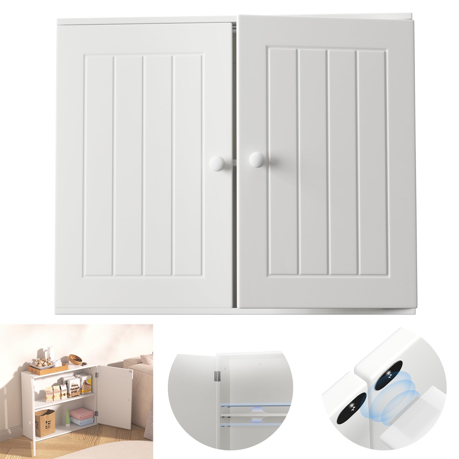 White Kitchen Storage Cupboard Wall Mounted Organiser Unit, Upper Kitchen Wall Cabinets with Adjustable Shelves & 2 Doors, Wooden Over-Toilet Medicine Bathroom Storage Cabinet, W60 x D15 x H50cm