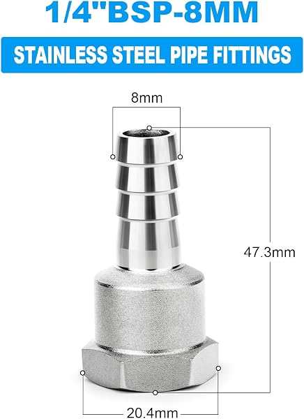 2 pezzi Raccordi a barbiglio in acciaio inossidabile 304, da barbiglio da 8 mm a filettatura femmina BSP da 1/4", raccordi a compressione industriali per tubi per acqua, carburante - 2