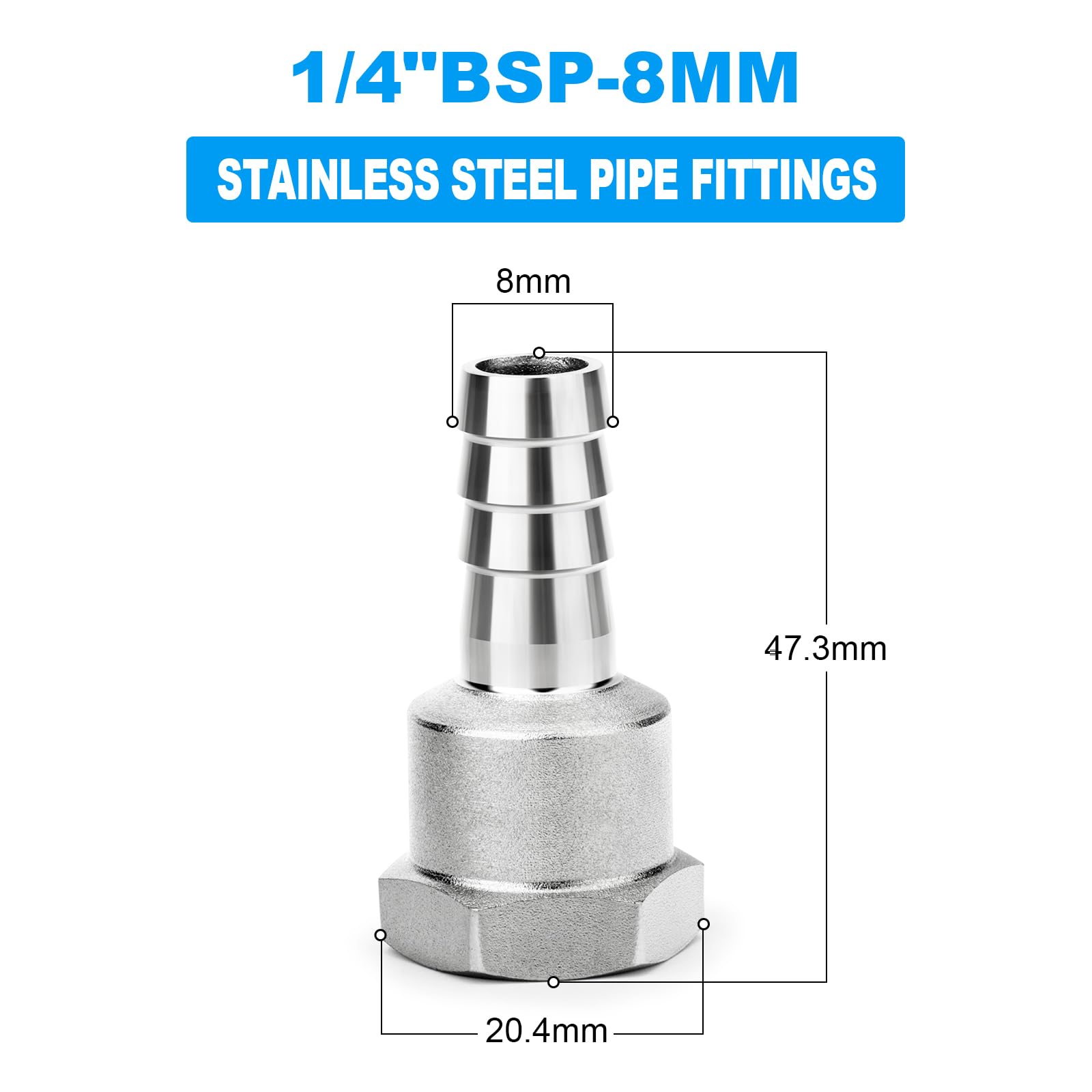 2 pezzi Raccordi a barbiglio in acciaio inossidabile 304, da barbiglio da 8 mm a filettatura femmina BSP da 1/4", raccordi a compressione industriali per tubi per acqua, carburante - 3