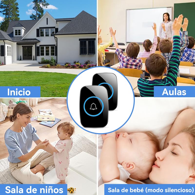 Image of Waterproof Wireless Doorbell Kit, with 1 Transmitters and 2 Receivers, 60 Melodies, 5 Levels of Volume, LED Indicator, 300 Metres Range for Home, Offices, Hotels