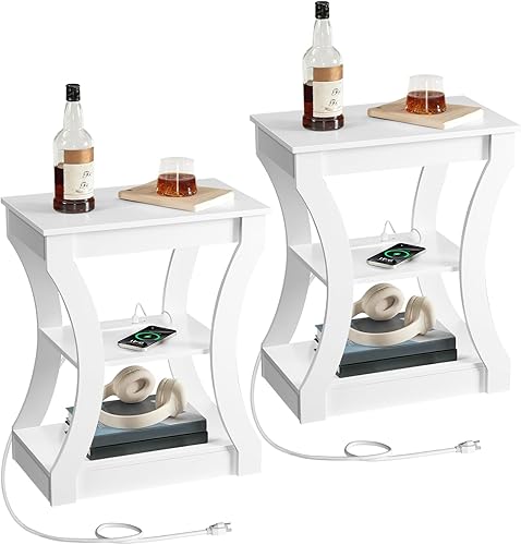 Juego de 2 mesas auxiliares con estación de carga, mesa auxiliar con puertos USB y tomas, mesita de noche, mesita de noche de 3 niveles con estante