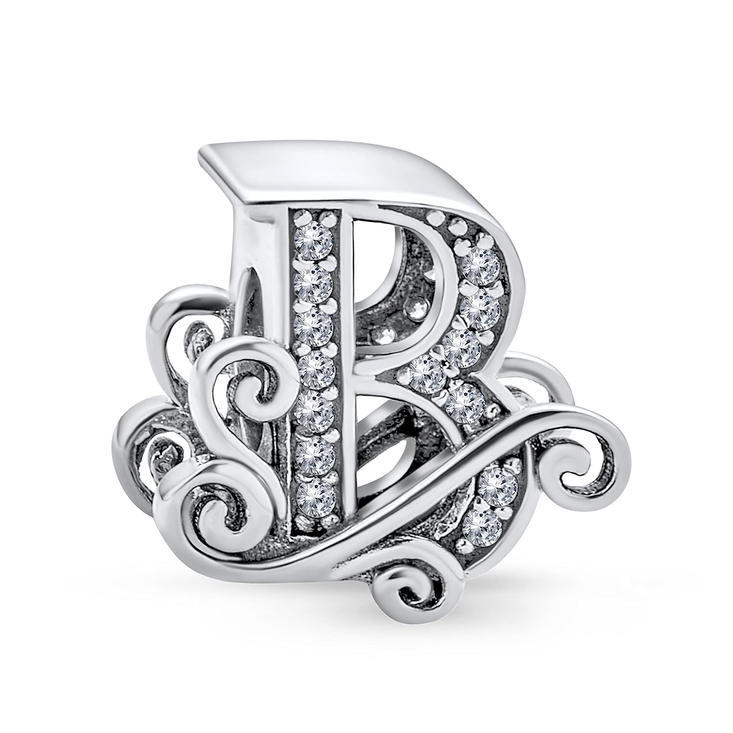 Bling JewelryPersonalized Fancy Scroll CZ Sparkle Block Letter A-Z Alphabet Initial Charm Bead For Women For Teen Shiny .925 Sterling Silver For European Bracelet