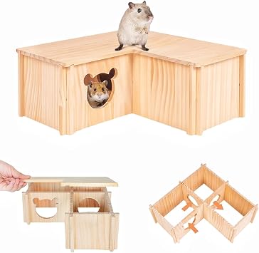 Natural Wooden Hamster House Hideout Multi-Chamber Maze Tunnel Detachable Small Pet House Habitats Exploring Toys for Dwarf Hamster, Hedgehog, Rats, Gerbils, Mice, Guinea Pigs