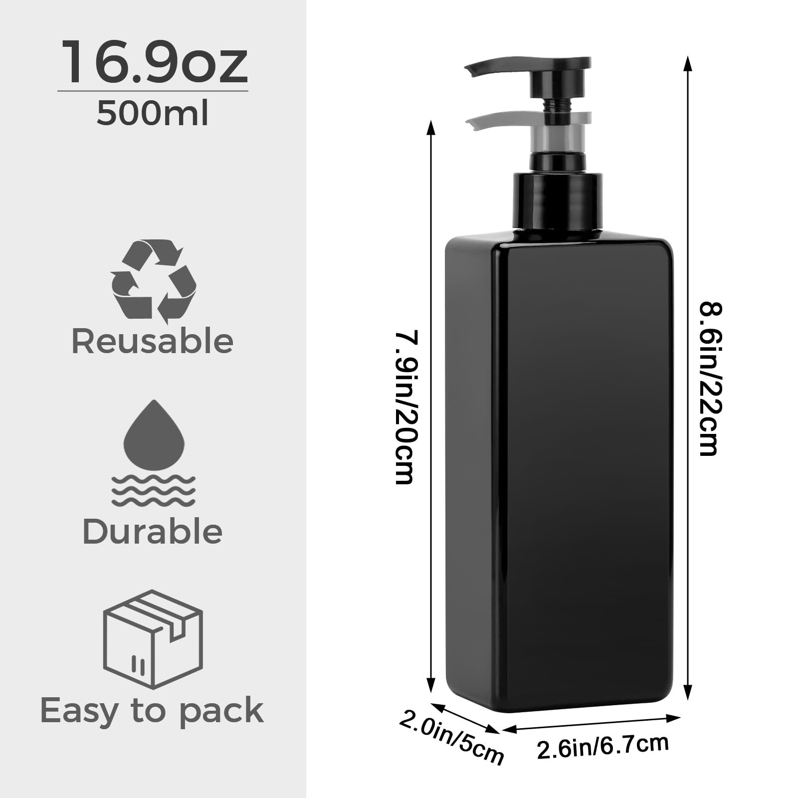 Suream Shampoo- und Conditioner-Spender-Set, 3 Stück, 479 ml, Badezimmer-Seifenflasche mit 4 Etiketten, nachfüllbarer Spender aus Kunststoff mit Pumpe für Küche, Büro, Reisen, Restaurant, schwarz