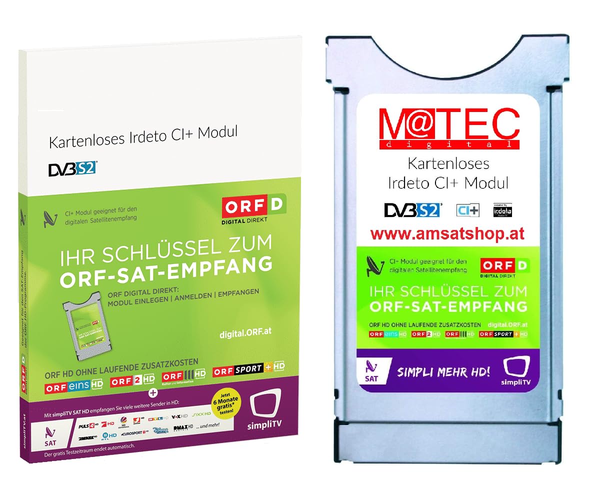 ORF DIGITAL DIRECT Módulo Irdeto CI+ para Sat (sin tarjeta, no se requiere tarjeta) con 3 meses SimpliTV, solo apto para Austria, TV CI+ y receptor de satélite, durante