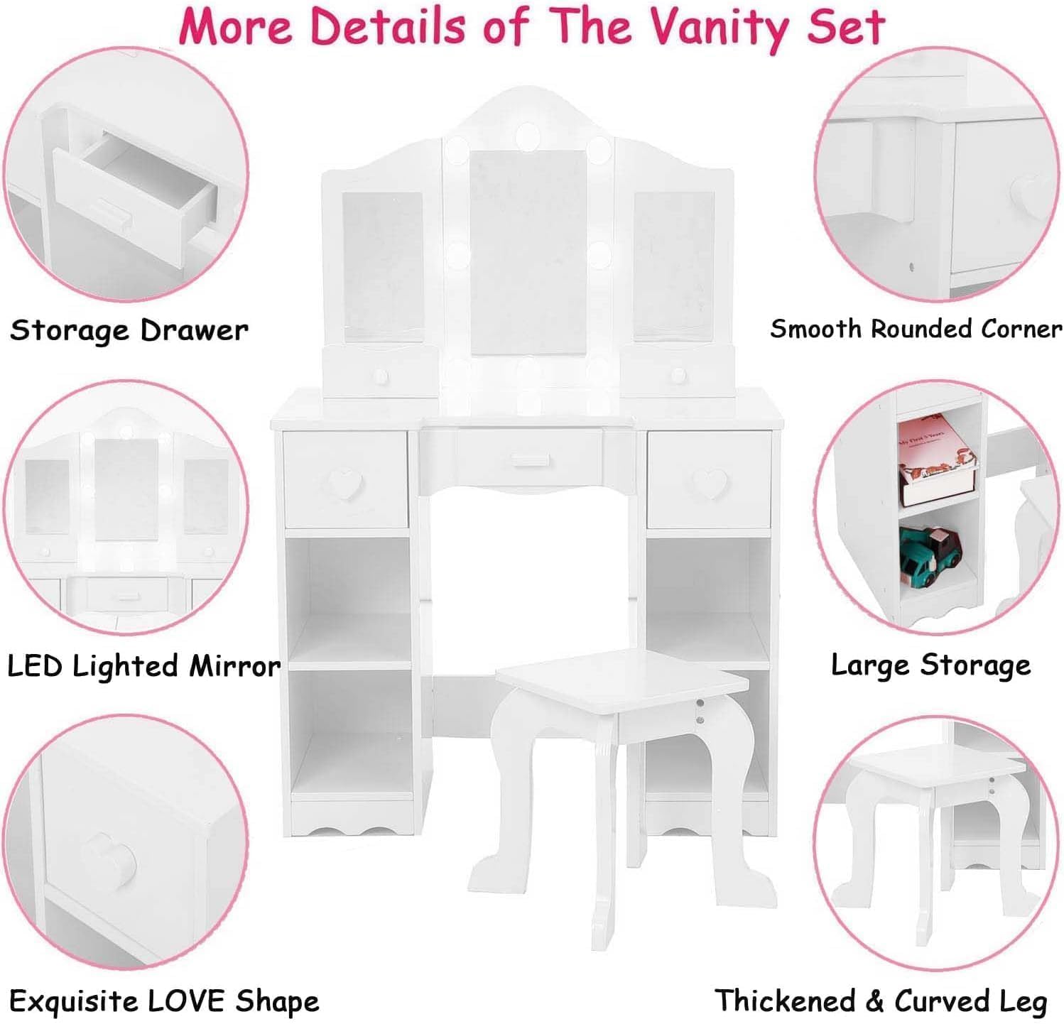 GarveeTech 2-in-1 Children's Wooden Dressing Table Set with Stool and LED