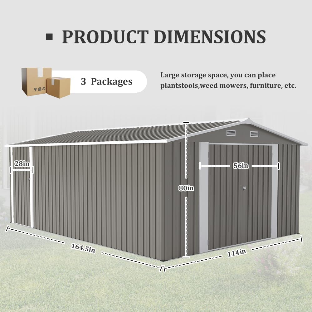 Metal Outdoor Storage Shed with Sloped Roof and Lockable Doors for Backyard Tool Storage