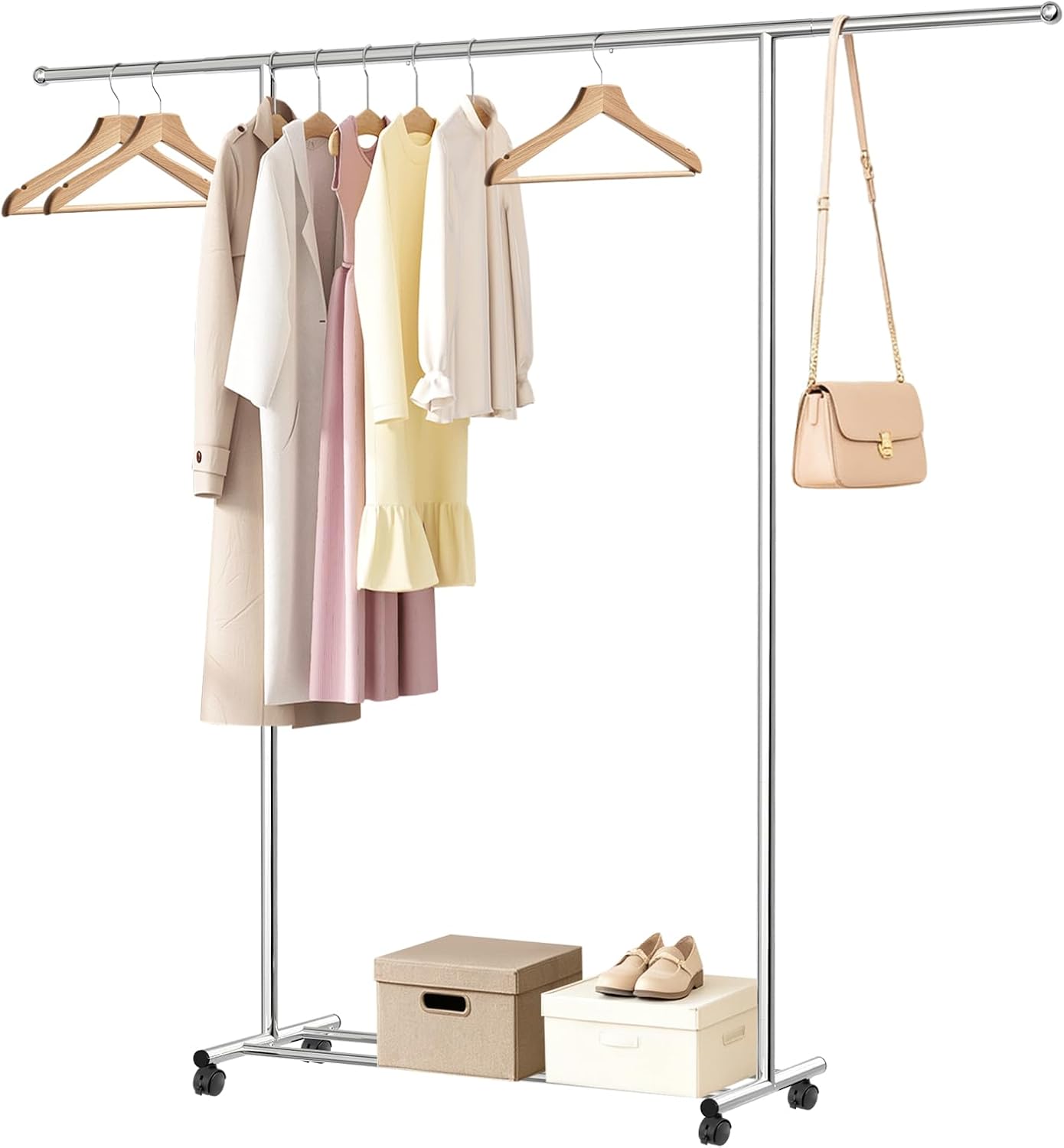 Rolling Garment Rack, Stainless Steel, Adjustable Width for Home | With Wheels, Keeps Clothes Organized, Maximizes Storage Space, For Bedroom, Closet, Laundry Room and Retail Store