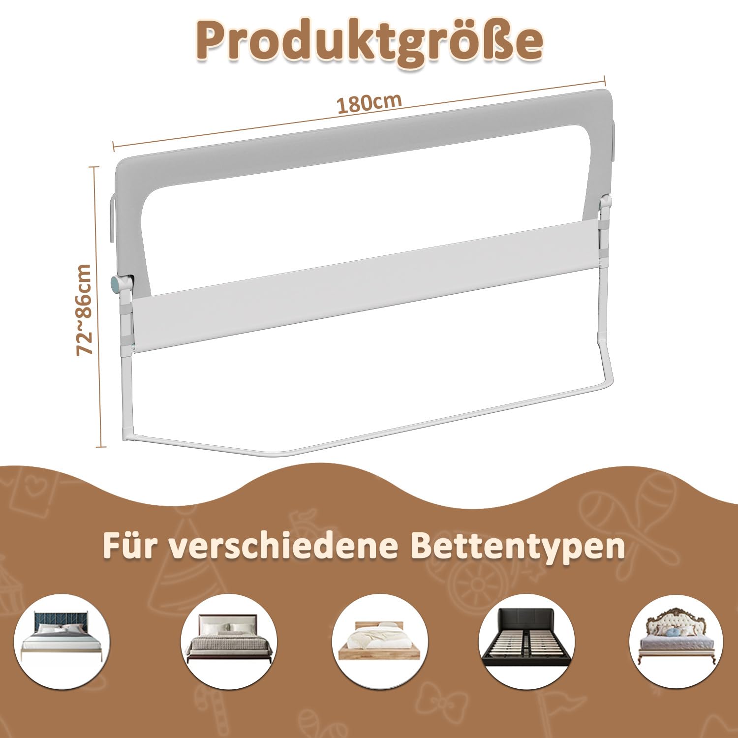 Bettgitter Set 2x200 cm + 1x150 cm, Faltbarer Rausfallschutz, 72-86 cm höhenverstellbar, Bettschutzgitter und Seitenschutz für Kinderbett, Familienbett und Kleinkinder, mit Gurt, Grau