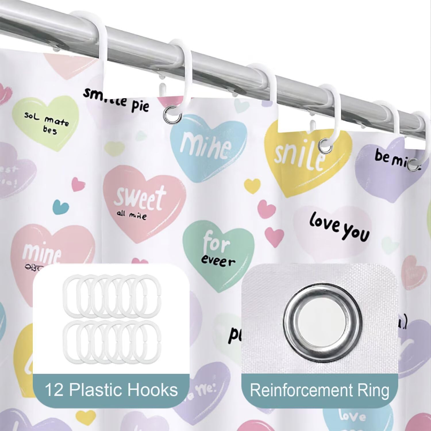 Rideau de Douche 180x200 cm Amour Rideau Douche Tissus Lavable Couleur Rideaux de Baignoire Imperméable Polyester Shower Curtain avec 12 Crochets, Décoratif Accessoires de Salle de Bain W-P71