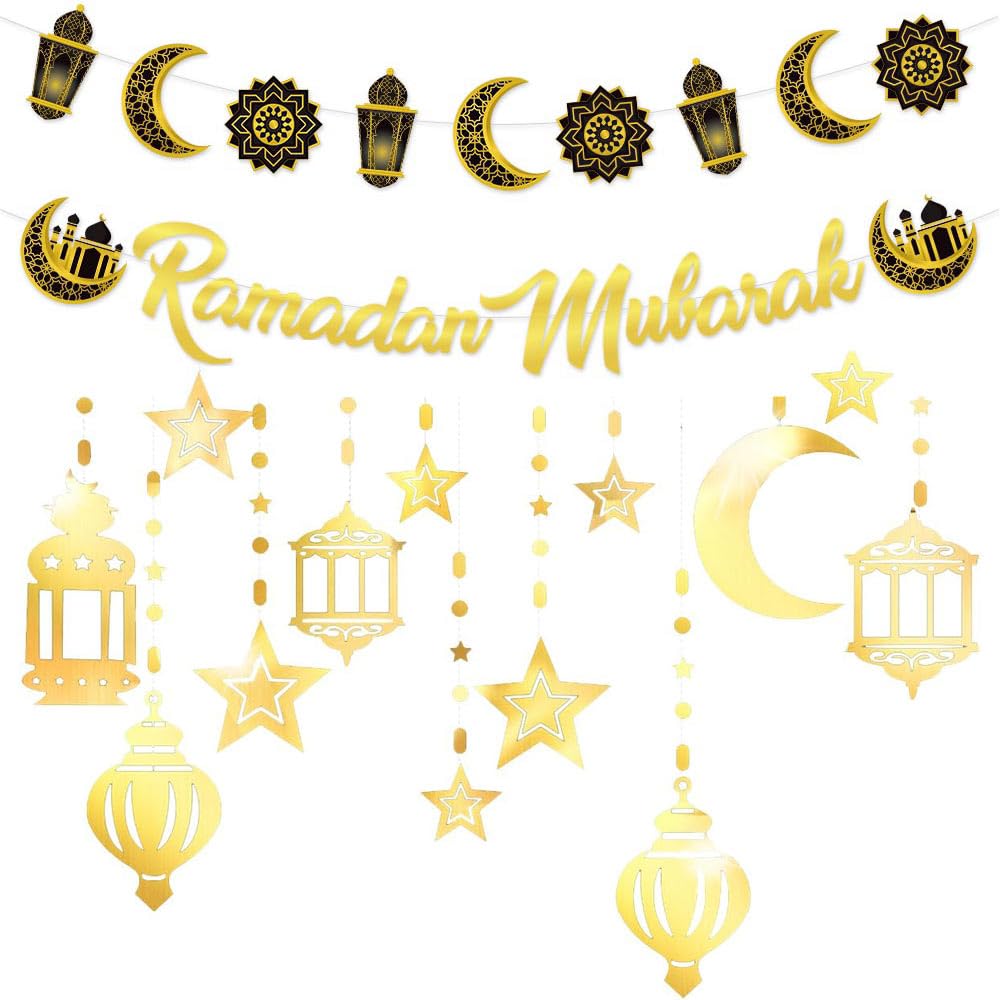 XINDY Ramadan Decorations for Home Black Gold Ramadan Mubarak Bunting Ramadan Banner Ramadan Mubarak Decorations with Eid Decorations Islamic Star Moon Lantern Ramadan Garland