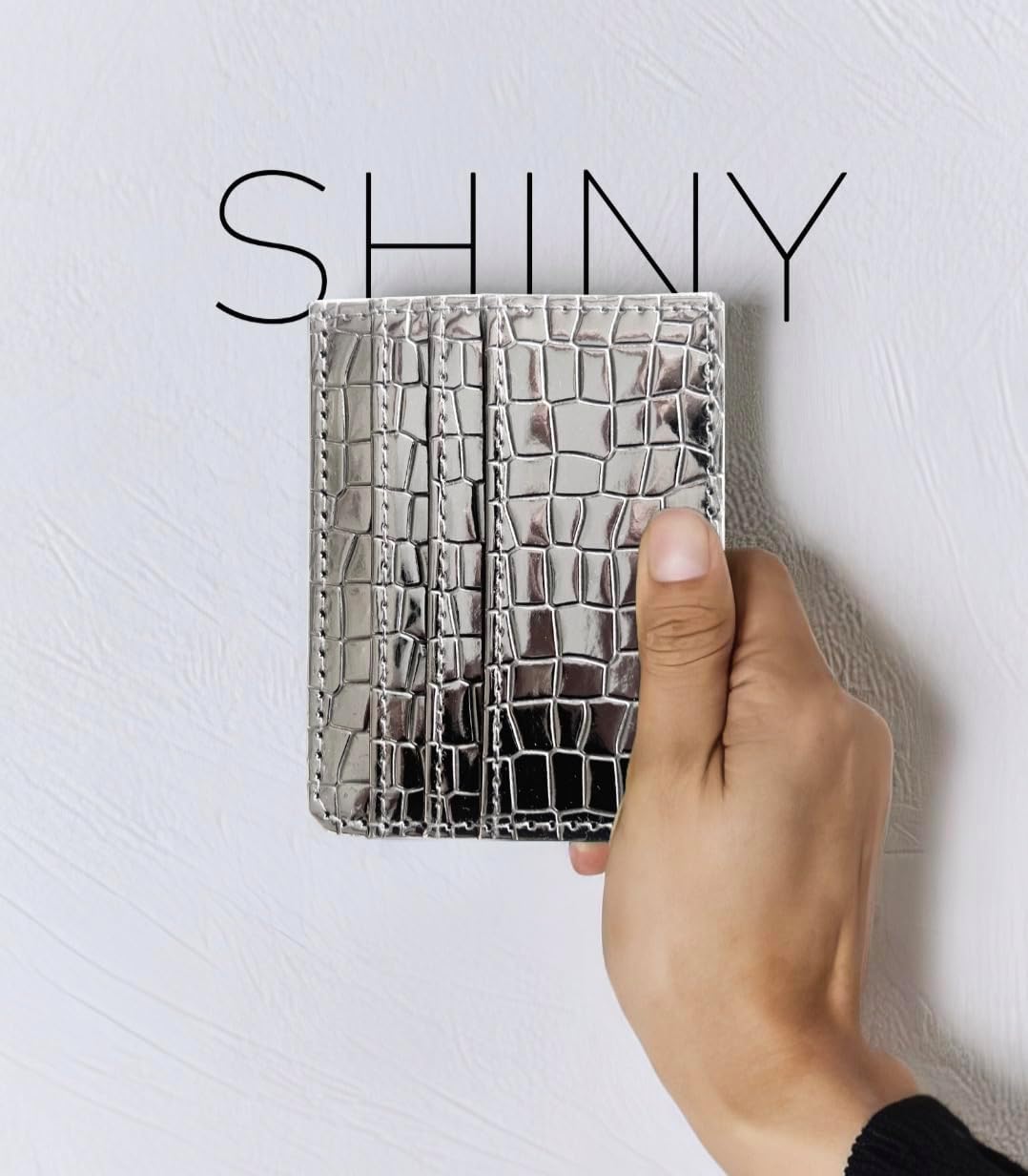 Super Shiny Slim Credit Card Holder Mini Front Pocket Wallet in Mirror Metallic Faux Crocodile pattern (Metalic Pewter)