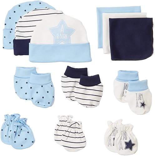 BornCare Juego de regalo para bebé, 12 piezas, azul, juego de regalo para baby shower (3 pares de cada gorro, toallitas, botines, manoplas), 0 a 6