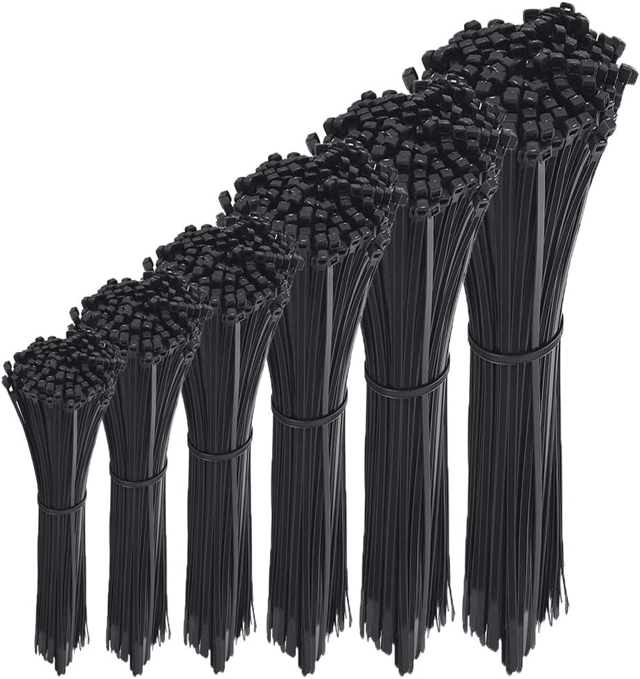 600 Pack Adjustable & Durable Self-Locking Nylon Cable Zip Ties, 4/6/7/8/10/12Inch, 4mm Width, Black