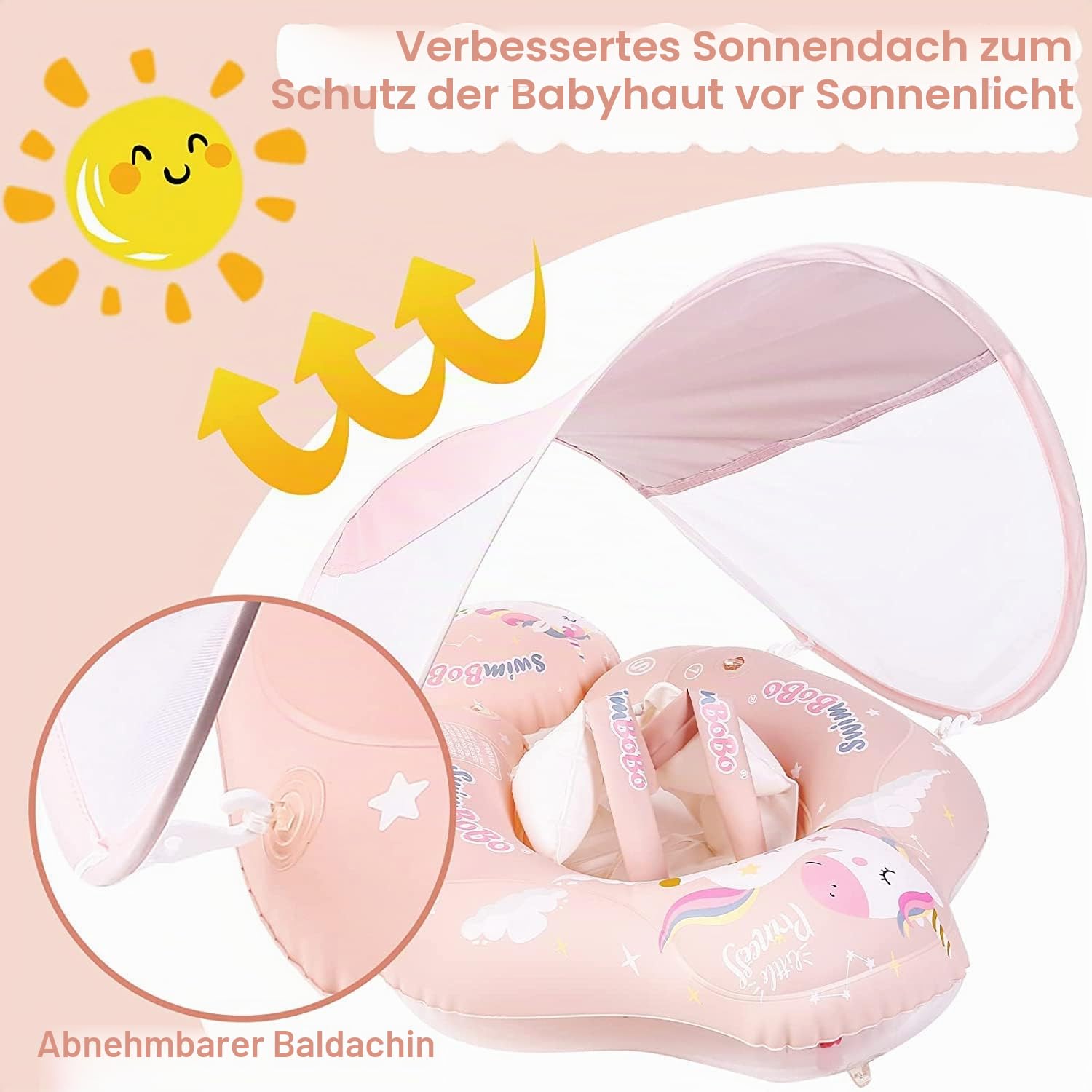 Schwimmring Baby ab 6-36 Monate, Schwimmring mit Sonnendach Entfernbar, Aufblasbare Schwimmtrainer mit Anti-Umkippen Float