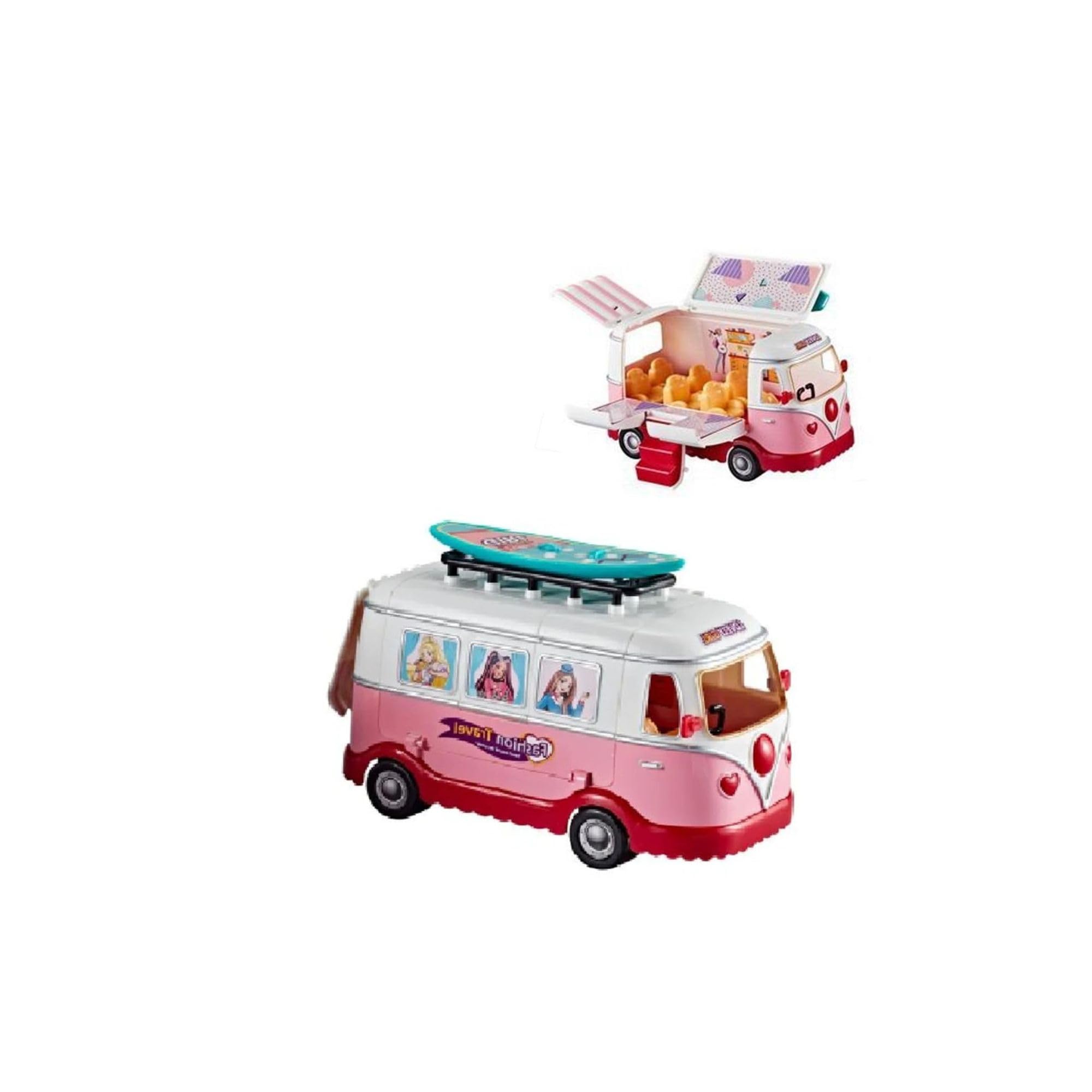 MSQUARE Fashion Travel Camper Van Toy, Cute Doll House Bus, Portable, Playset Vehicle with Storage, Pretend Play, Travel Adventure Toy for Girls & Boys, Durable, Colorful & Imaginative Play Van Gift