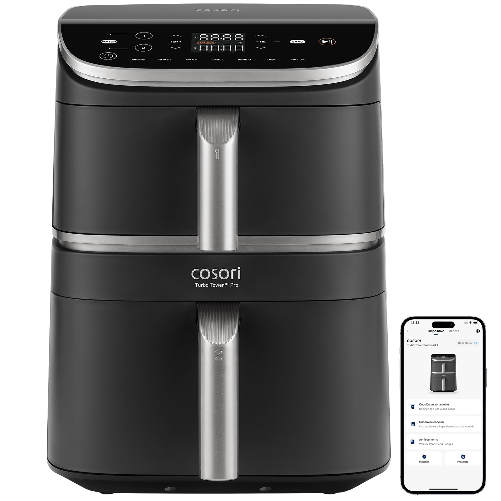 Cosori Turbo Tower Pro Smart Freidora de Aire 10.8L 2630W, Revestimiento Cerámico Seguro y Doble Cesta, Tecnología Avanzada con Motor DC y Dual Blaze, Ahorro de Energía y Más Rápida, 7 Funciones