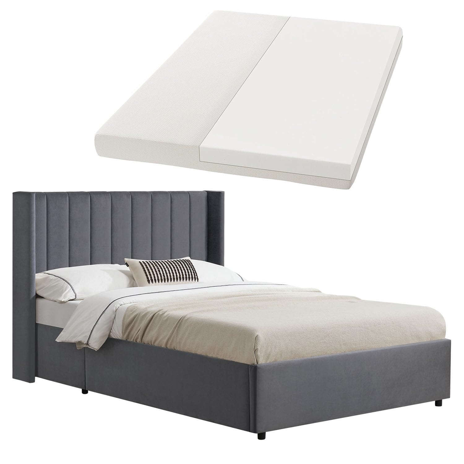 Juskys Polsterbett Savona 140x200 cm mit Matratze, Bett mit Stauraum, Samt-Bezug, Bettgestell aus Holz, bis 250 kg, großes Kopfteil, Dunkelgrau